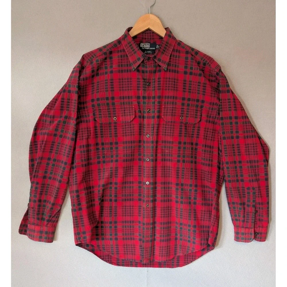 Vtg Polo Ralph Lauren GI Shirt Red Plaid Cotton Mens Large Button Up Long Sleeve